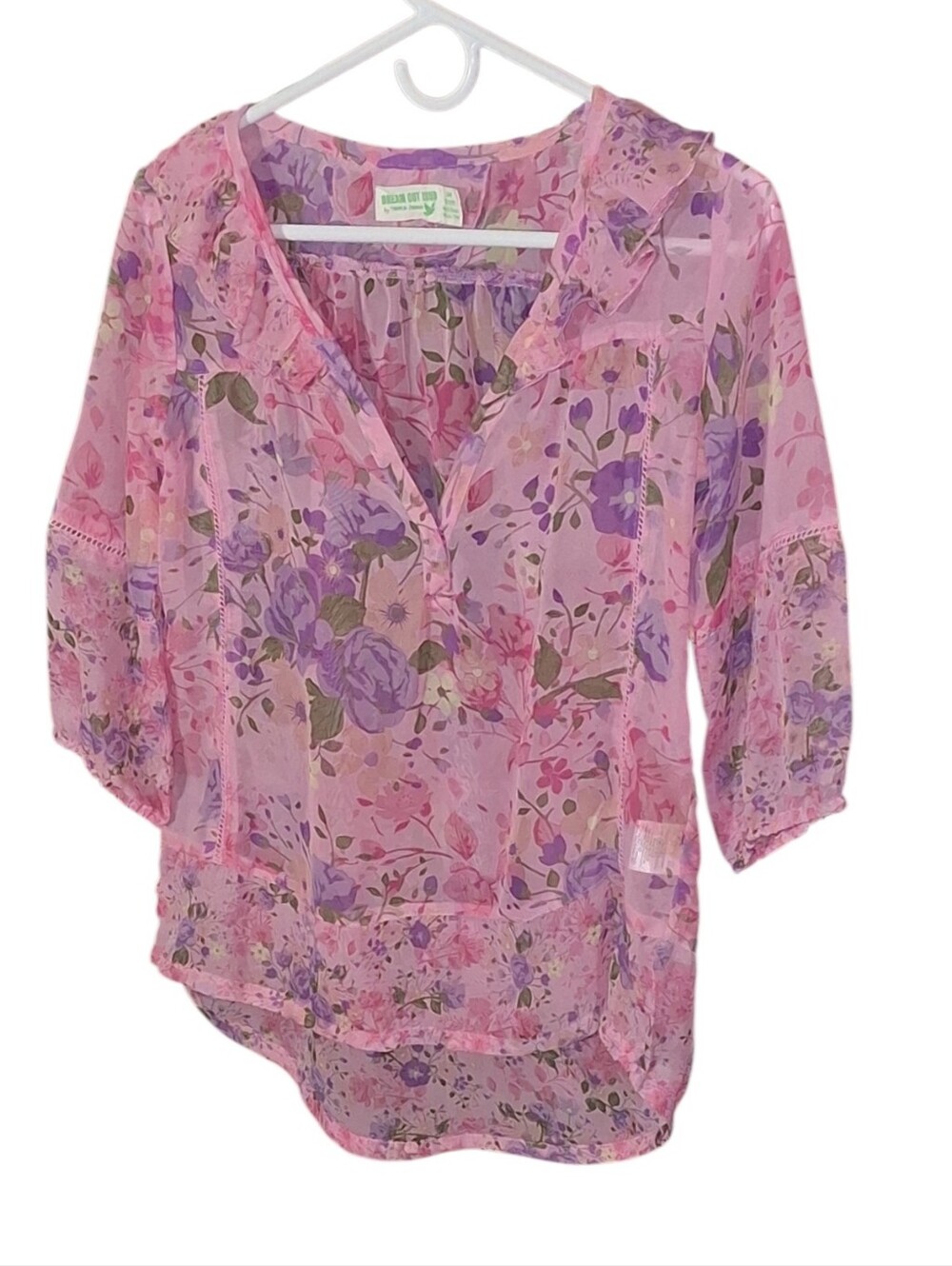 Dream Out Loud Selena Gomez Pink Floral Sheer Shirt Size M Fairycore Bohemian
